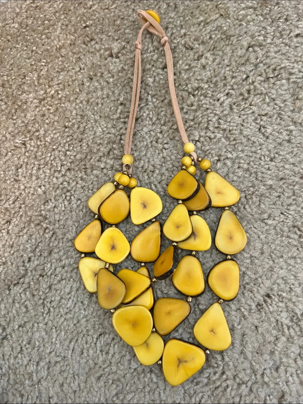 Tagua nuts. Yellow Layered Bead Statement Necklace